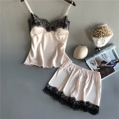 Women Pajama Suit Fashion V-Neck Stretch Satin Babydoll Lace Sexy Lingerie Bowknot Pyjamas Sleep Shorts Set Sleepwear New