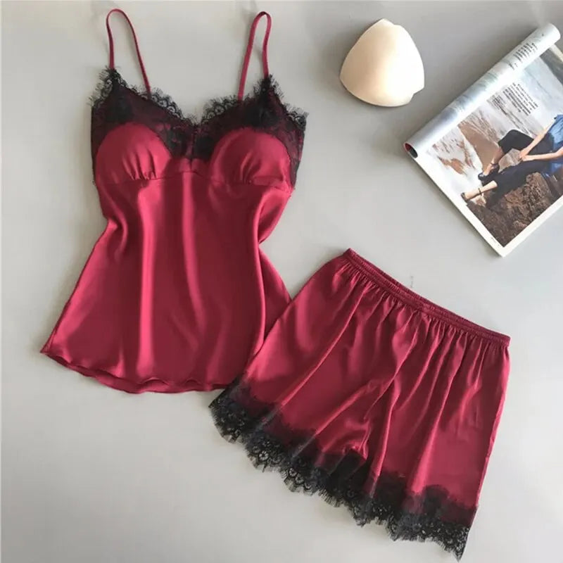 Women Pajama Suit Fashion V-Neck Stretch Satin Babydoll Lace Sexy Lingerie Bowknot Pyjamas Sleep Shorts Set Sleepwear New